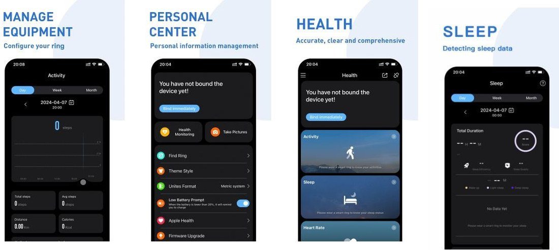 Companion app — equipment, personal center, health and sleep screens